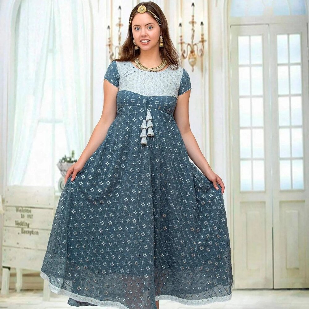 Grey Dress with Intricate Mirror Work | Muvvas Boutique
